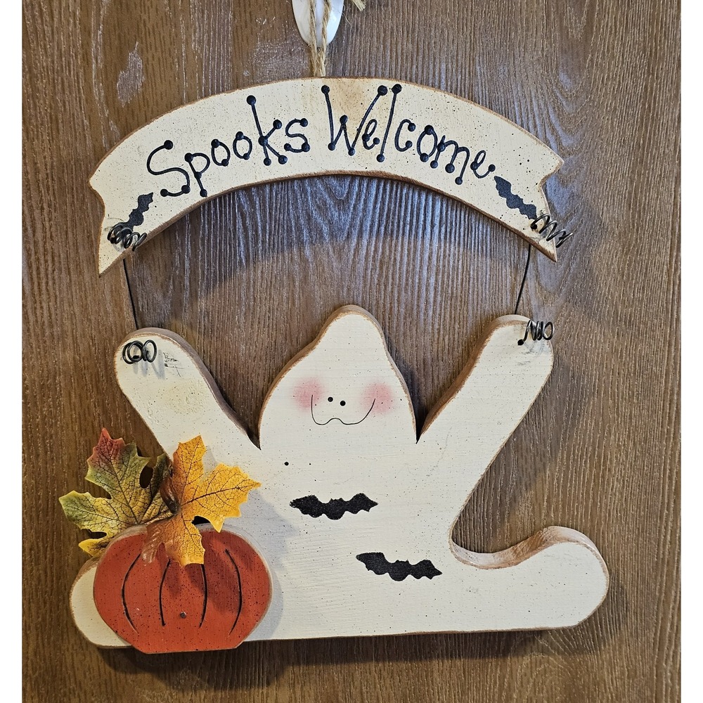 Wooden Handmade Halloween Spooks Welcome Ghost Wall Hanging Decor
